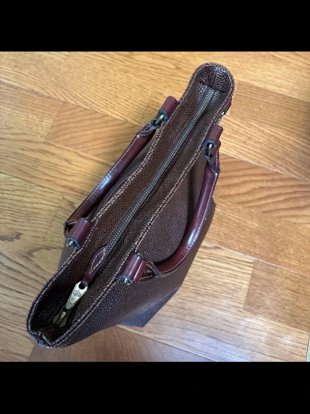 Mulberry Brown Pebbled Leather Tote with Dark Brown Trim